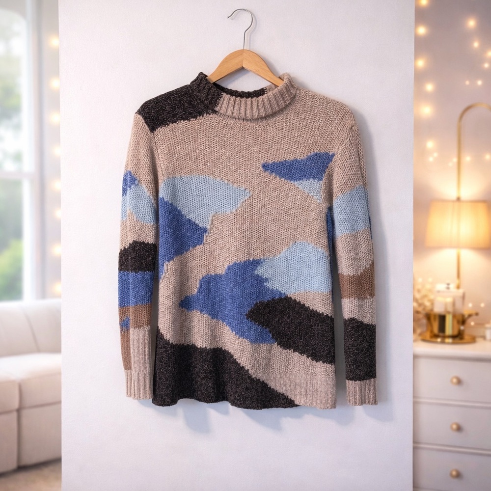✨ NIC+ZOE Earthy Waves Abstract Knit Sweater Neutral Mock Neck Size XS